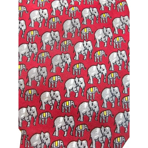 Vtg Cauvery Red Elephant Pattern Tie Pure Silk Mens Neckwear Burgundy India - Picture 5 of 7